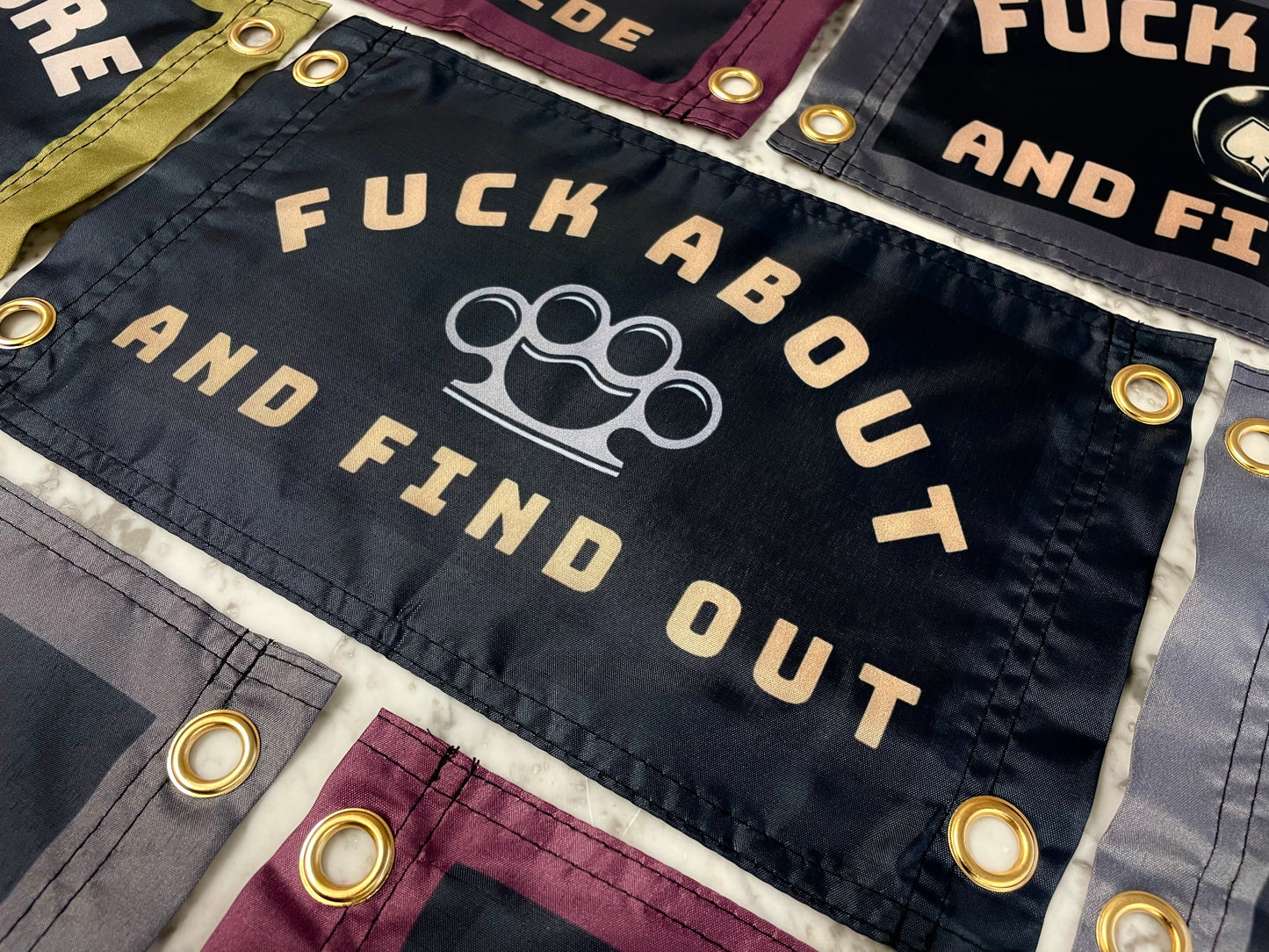 'F ABOUT AND FIND OUT - KNUCKLEDUSTER' Mini Flag Pennant